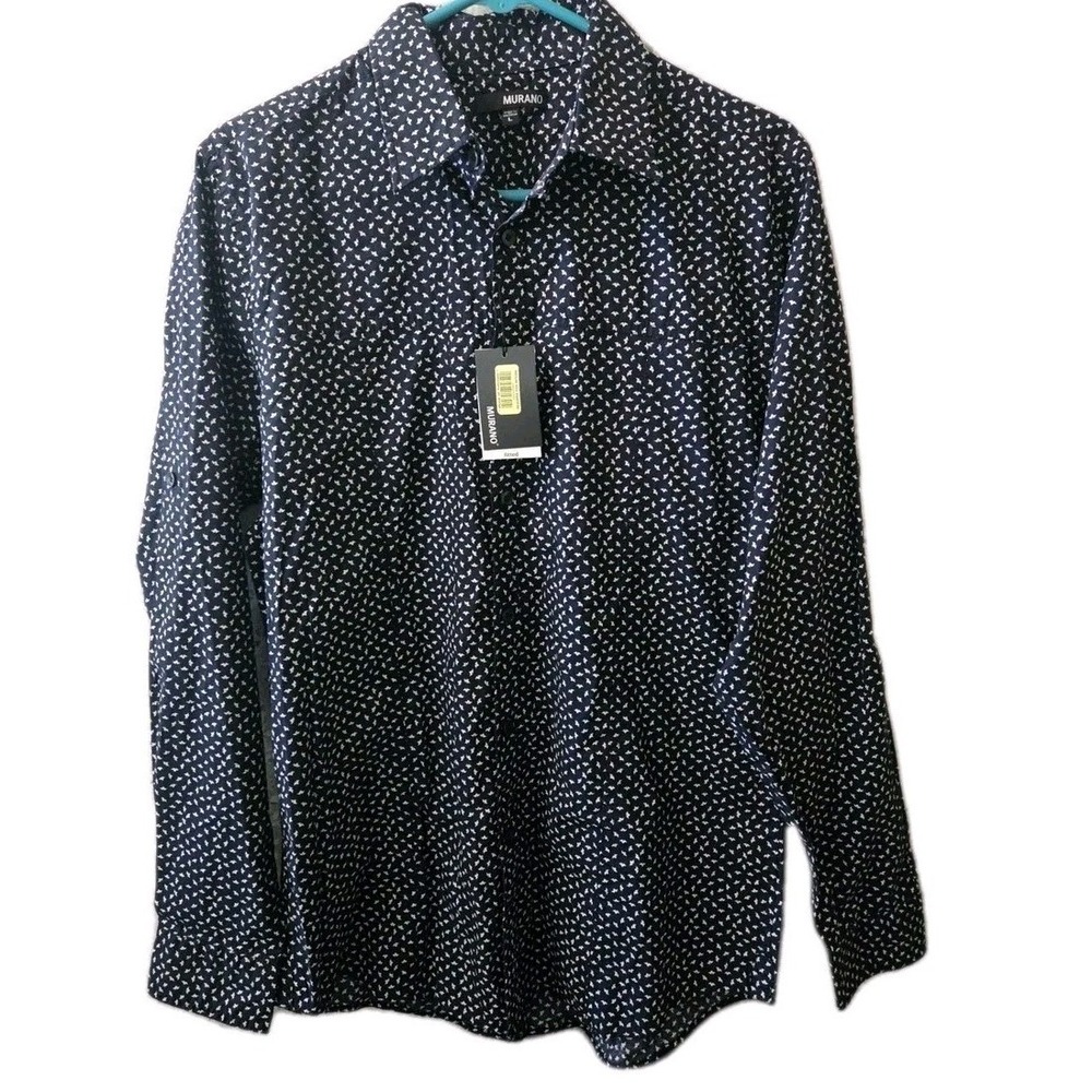 Murano Men's Long Sleeve Button Down Shirt Navy White Micro Print Size L NWT